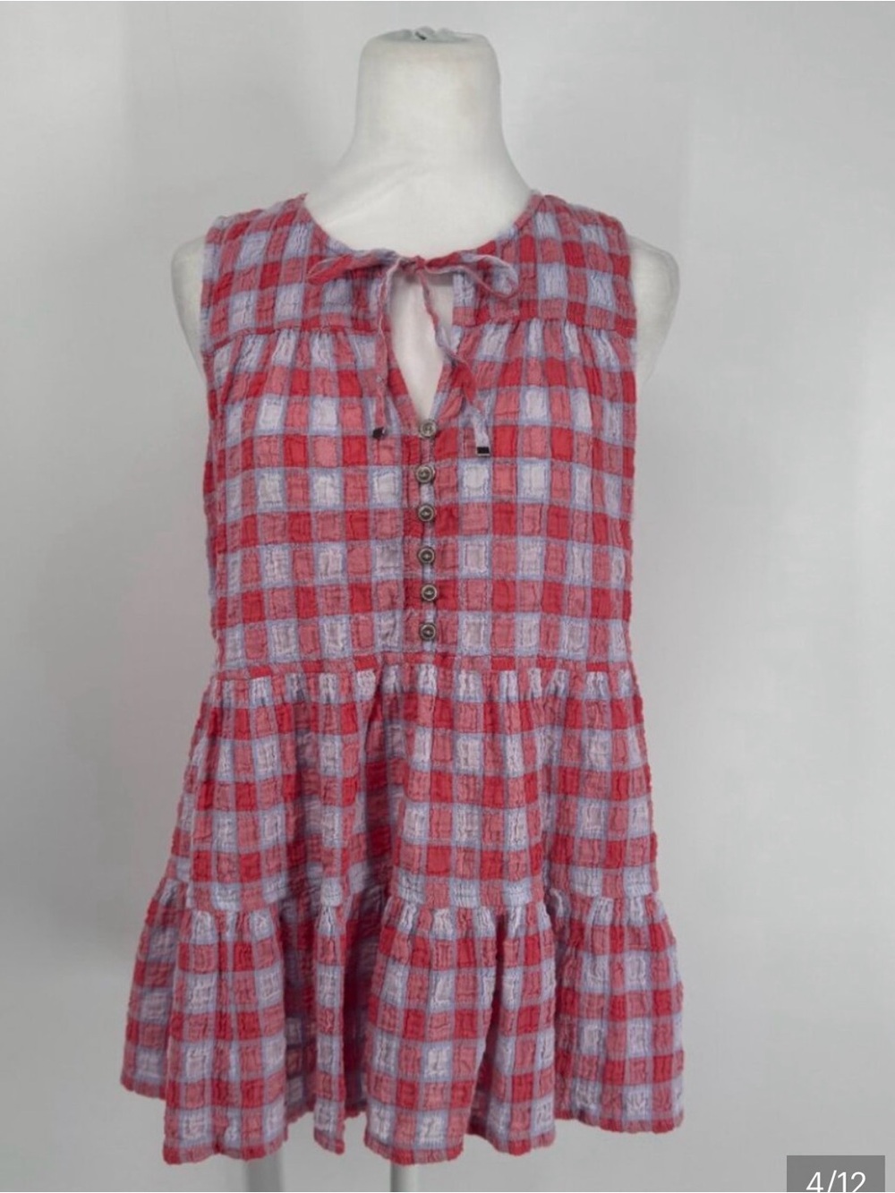 Anthropologie Pink Gingham Tie-Front Peplum Tunic - Picture 2 of 2